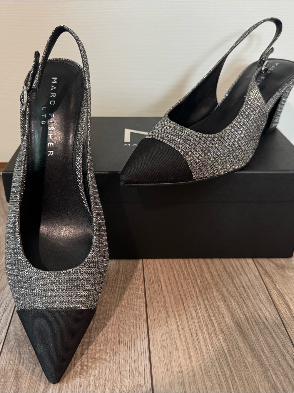 Marc Fisher Silver Knit & Black Pointed Slingback Pumps